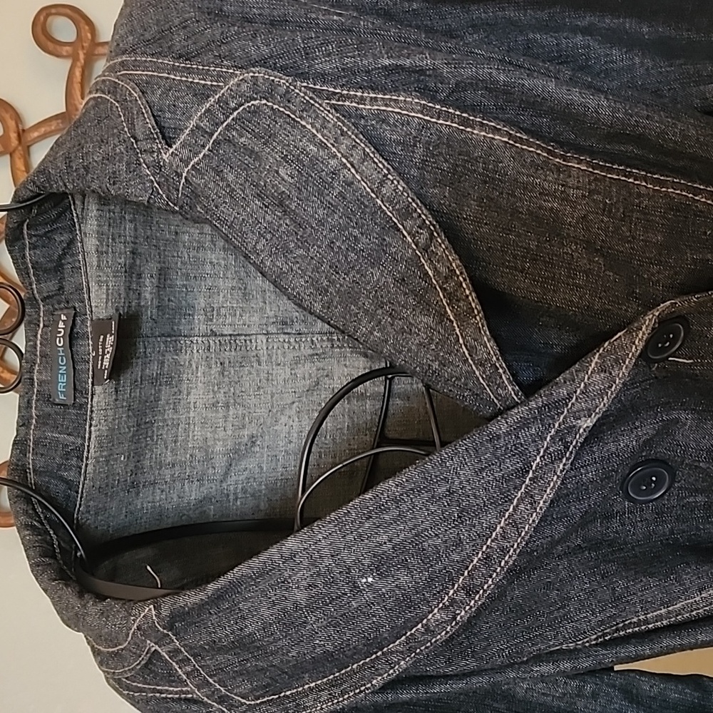 French Cuff Blue Demin Jeans Cotton Belt Pocket Trench Coat Jacket Women's Sz L - Picture 3 of 9